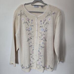 Vintage Carolyn Taylor Pastel Yellow Floral Embroidered Cardigan Pearl Button